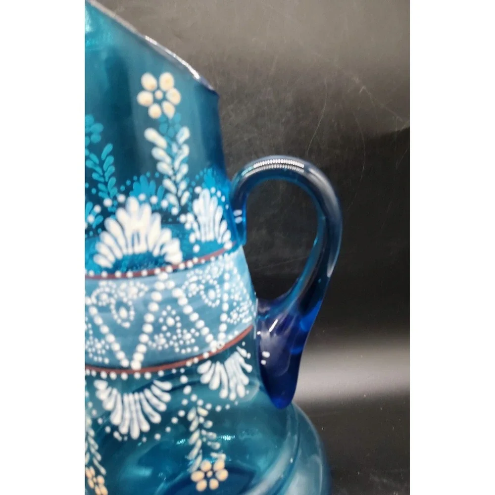 Antique Northwood Glass Hand Painted Enameled Blue Glass Tankard Pitcher 13